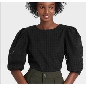 A New Day Black Eyelet Preppy Puff Sleeve Blouse Size Small